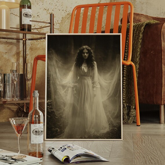 Ghostly Woman In White Gown Haunting Sepia Forest Art Poster