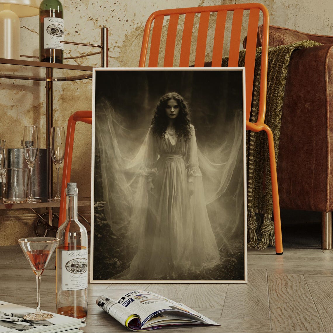 Ghostly Woman In White Gown Haunting Sepia Forest Art Poster