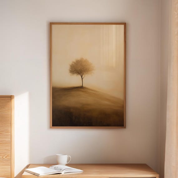 Neutral Minimalist Tree Canvas Sepia Toned Solitary On Hill Painting Modern Rustic Wall Art For Calm Nature Inspired Spaces