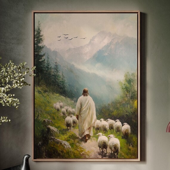 Good Shepherd Jesus Leading Flock Misty Mountain Path Poster
