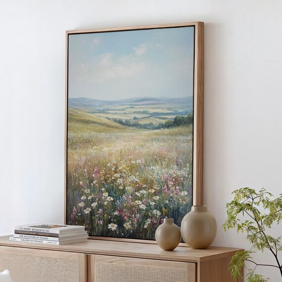 Tranquil Wildflower Meadow Art Print, Pastoral Countryside