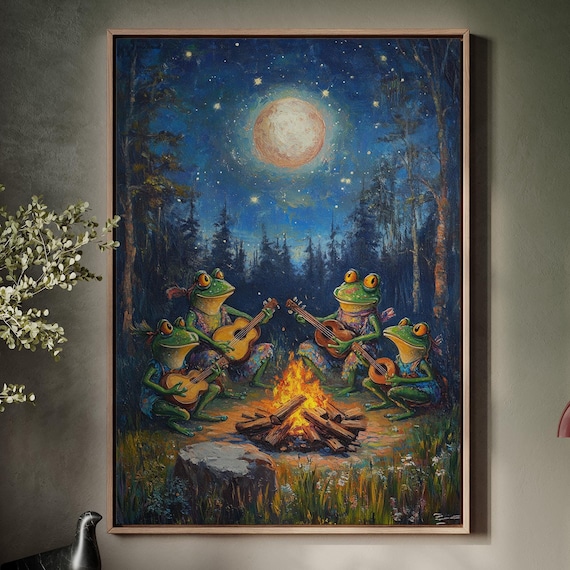 Frogs Playing Guitars Around Campfire Under Full Moon Poster