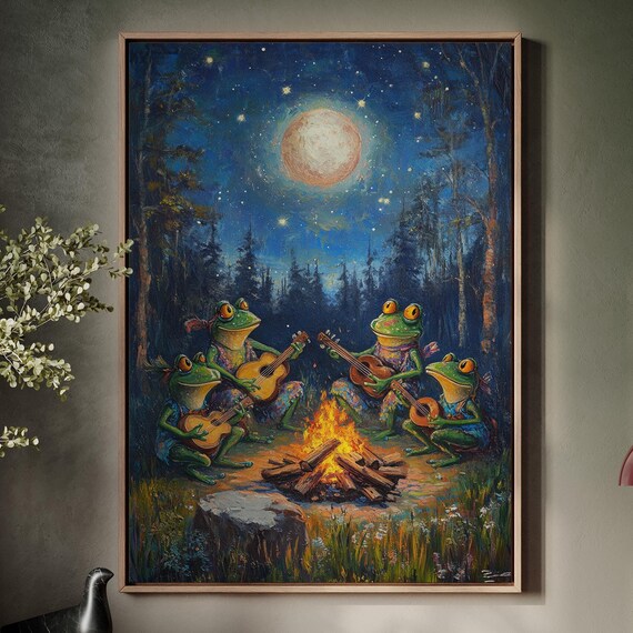 Whimsical Frog Band Wall Art Featuring Frogs Playing Guitars Around A Campfire Under A Starry Night For Rustic Home Dcor