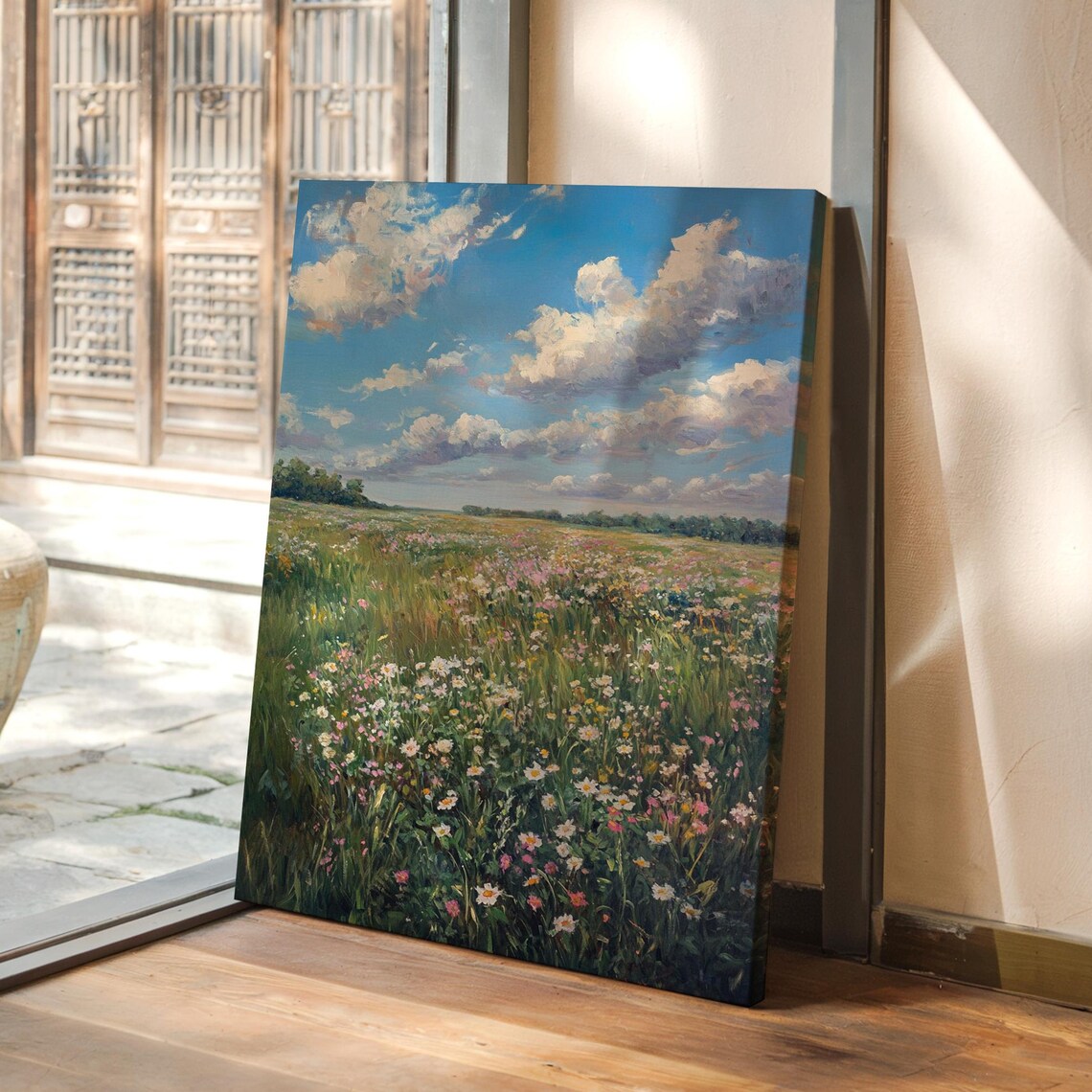 Summer Wildflower Field With Billowing Clouds Blue Sky Scenic Poster