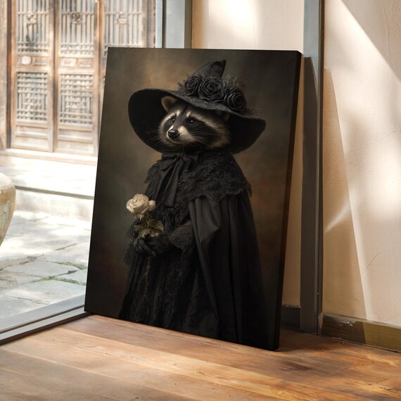 Gothic Raccoon In Black Lace With White Rose