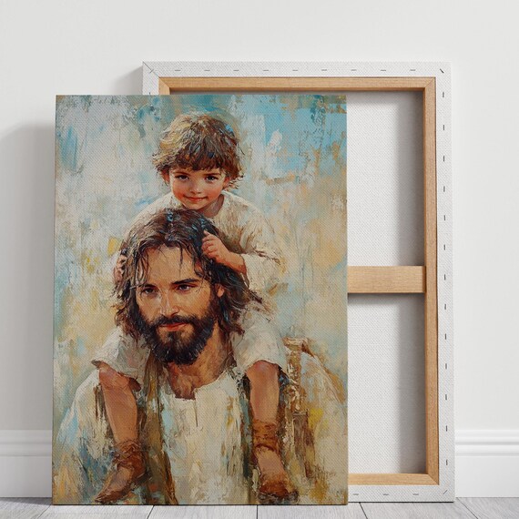 Joyful Child Riding on the Shoulders of Jesus in Soft Light Poster