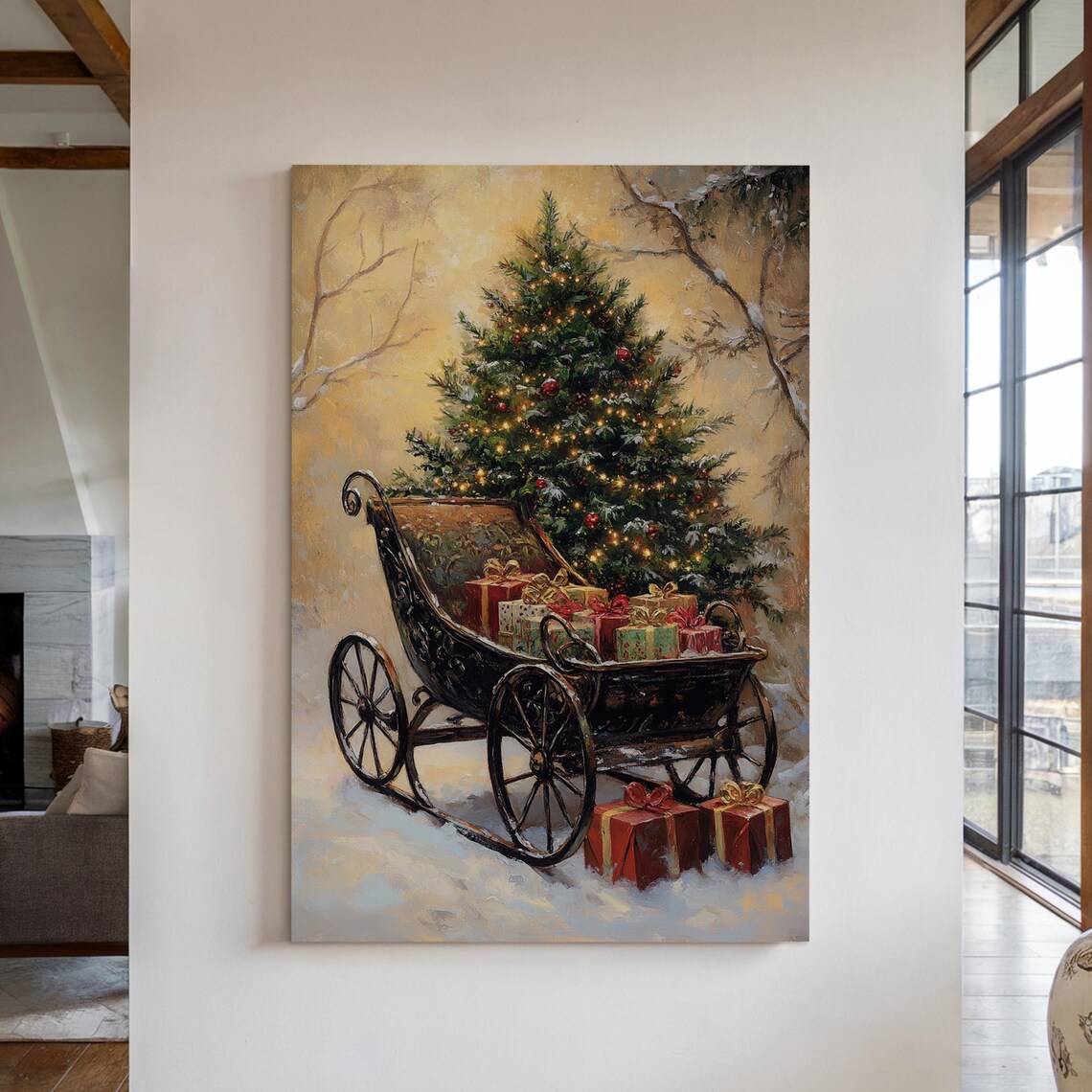Vintage Christmas Sleigh With Tree And Gifts Snowy Holiday Poster