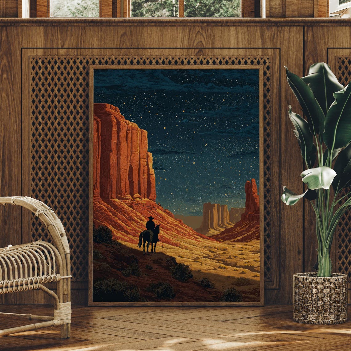 Cowboy Horse Starry Night Canyon Red Rock Desert Ride Poster