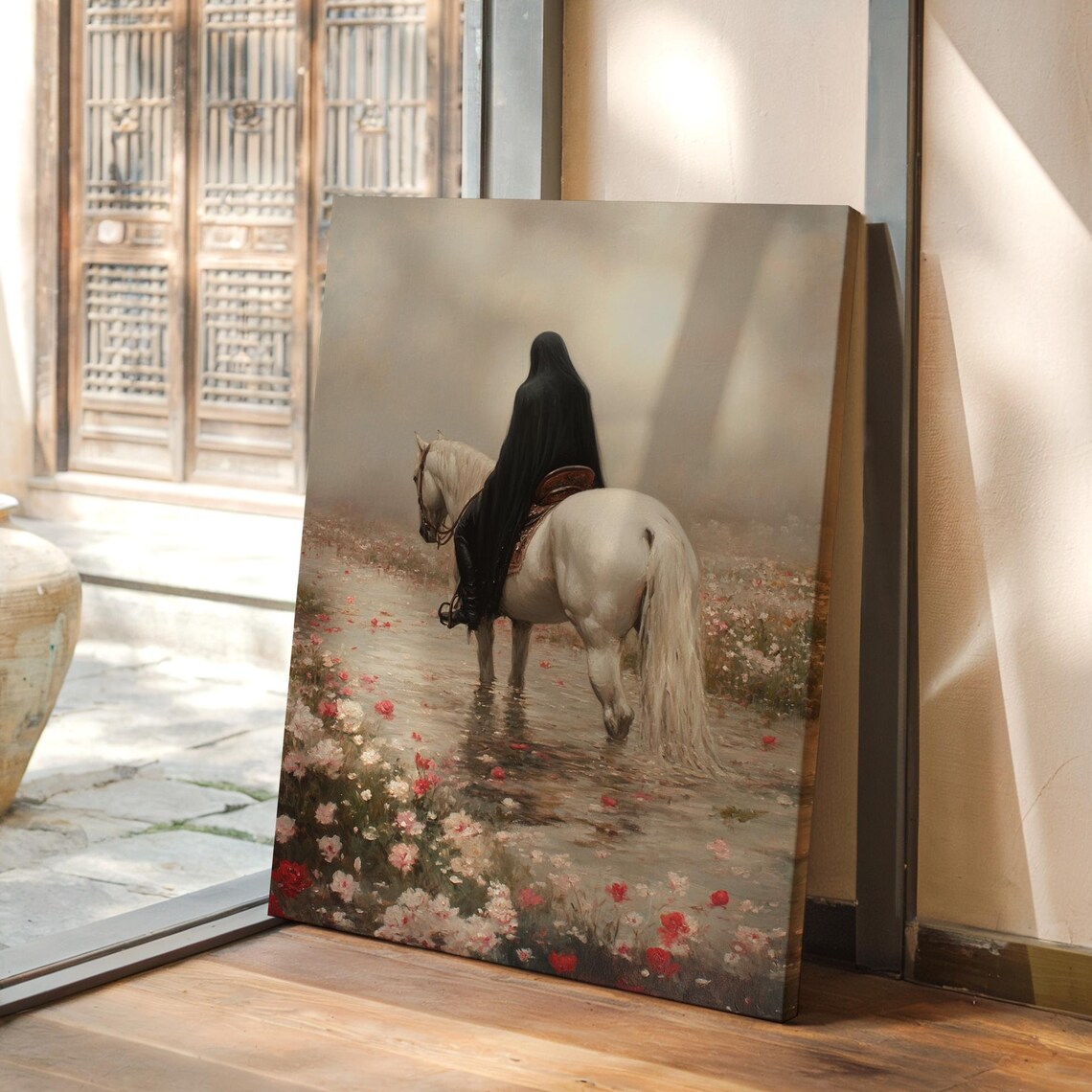 Mystical Cloaked Rider on White Horse Amid Rose Petals Wall Art Poster