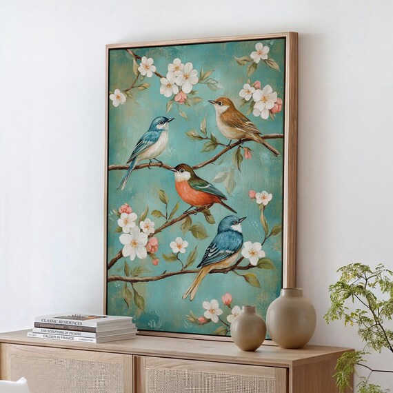Colorful Songbirds On Blossoming Branches Teal Floral Quartet Poster