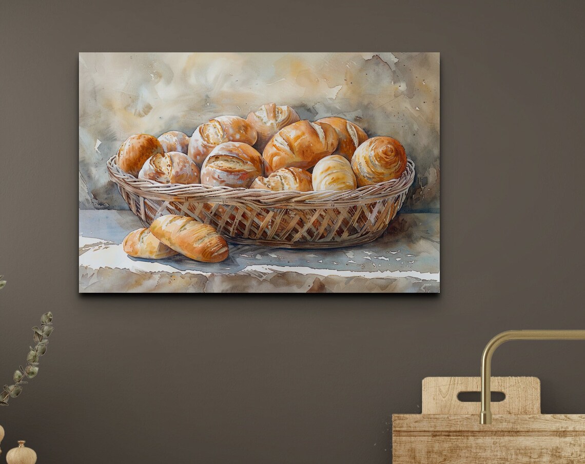 Watercolor Basket of Fresh Baked Bread Rolls Kitchen Wall Art