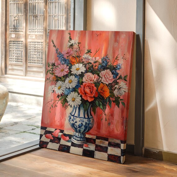 Vibrant Floral Art Colorful Roses Daisies Wildflowers In Blue Vase On Checkerboard Table With Warm Coral Backdrop