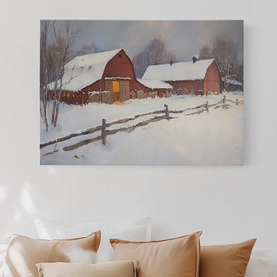 Red Barn In Winter Poster Cozy Snowy Farm Landscape Country Christmas Wall Decor