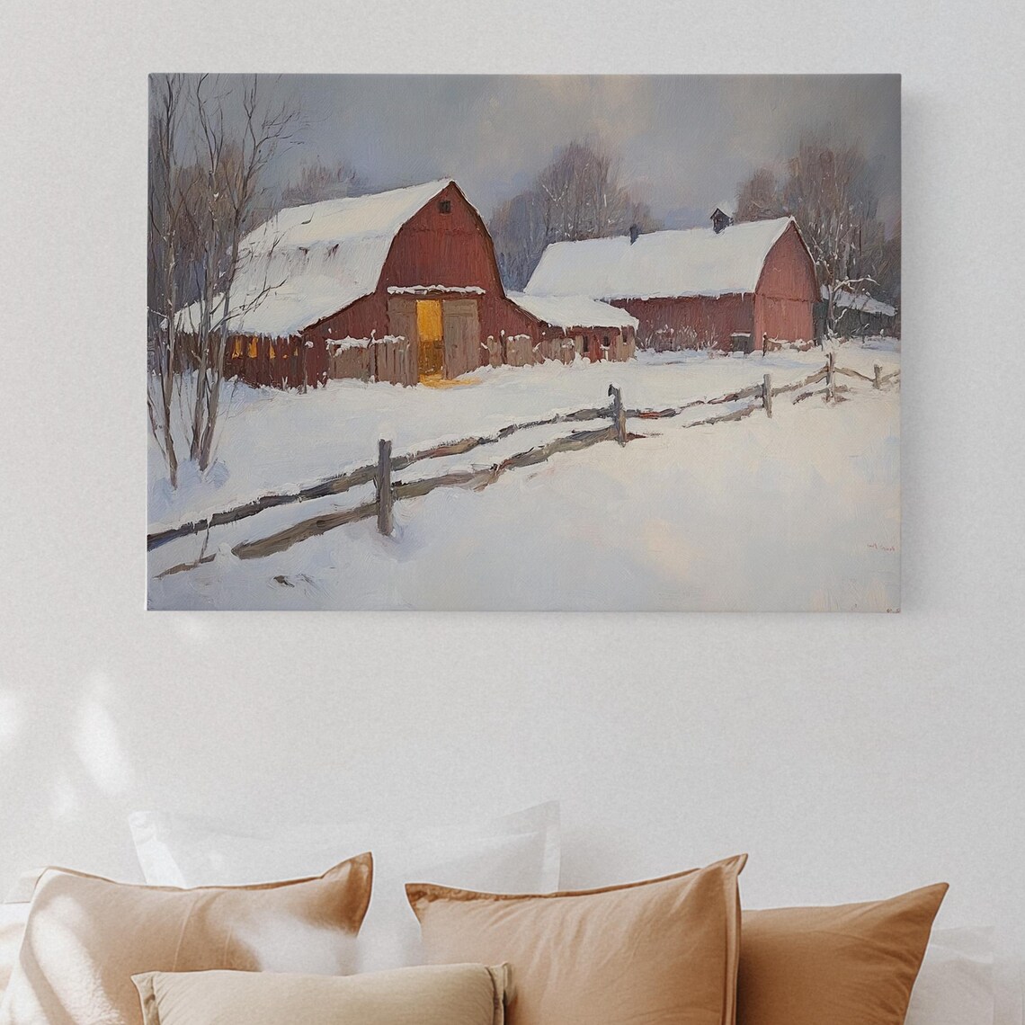 Red Barn In Winter Poster Cozy Snowy Farm Landscape Country Christmas Wall Decor