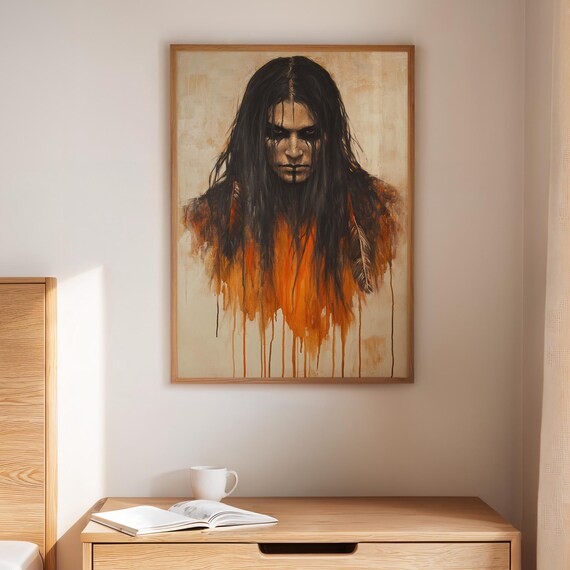 Fierce Native Warrior Portrait Face Paint Feather Headdress Poster