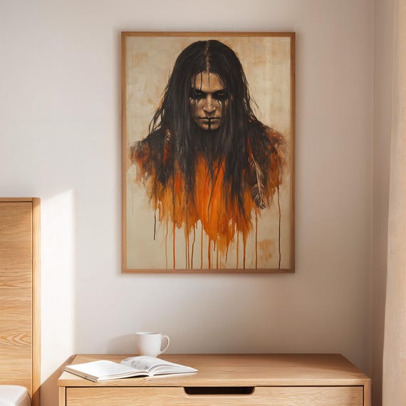 Fierce Warrior Canvas Art Native Spirit Portrait With Face Paint Orange Feathered Headdress Bold Western Wall Decor