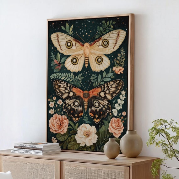 Vintage Moth And Butterfly Wall Art Botanical Insect Dark Academia Aesthetic Cottagecore Decor Mystical Nature Print