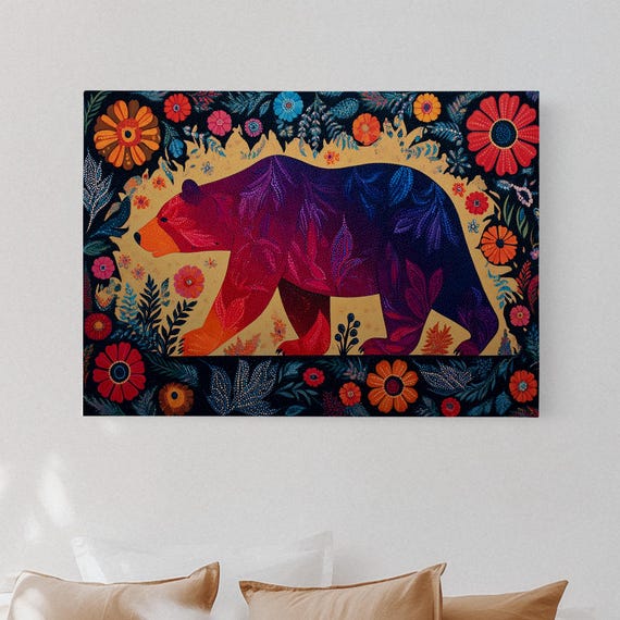 Floral Bear Canvas Wall Art Colorful Folkinspired Animal Print With Dotted Wildflowers Bold Boho Nature Decor For Vibrant Interiors