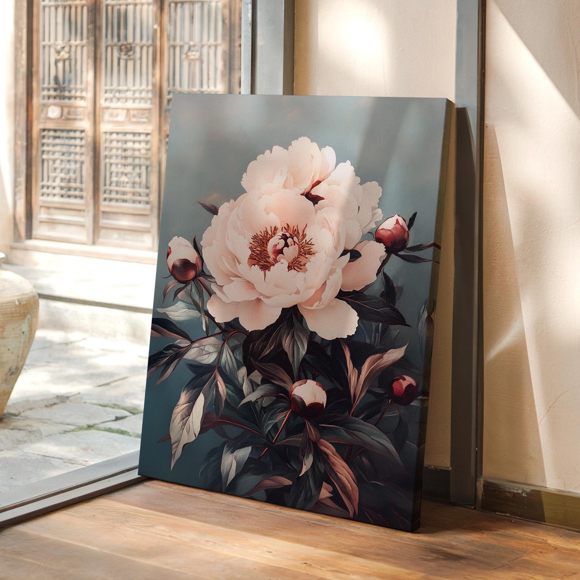 Romantic Pink White Peony Bloom With Buds Teal Floral Wall Art