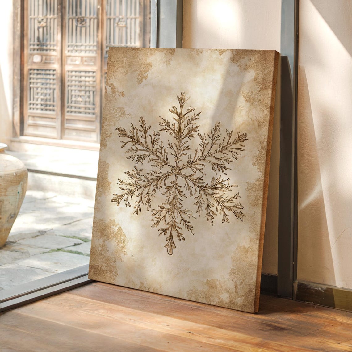 Antique Botanical Snowflake Illustration Sepia Winter Art Poster