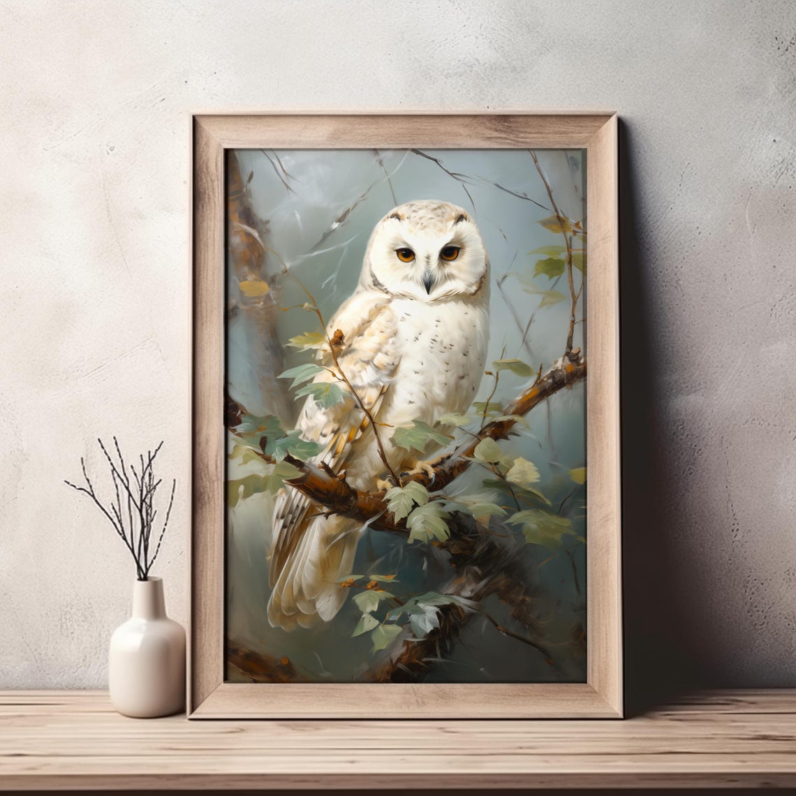 White Owl on Branch Oil Painting Poster Majestic Wildlife Art