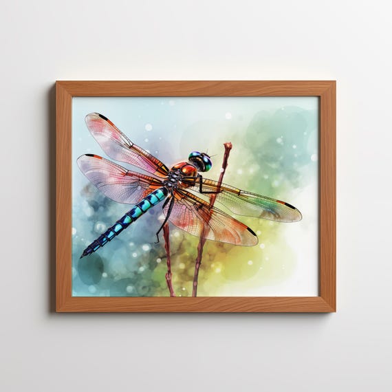 Colorful Dragonfly Watercolor Print Nature Wall Art