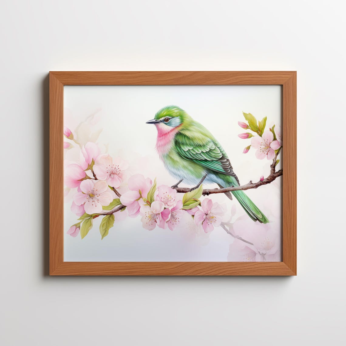 Pink Bird Cherry Blossom Branch Art Print Nature Nursery Decor