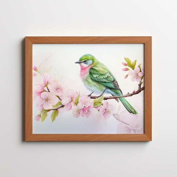 Pink Bird Cherry Blossom Branch Art Print Nature Nursery Decor