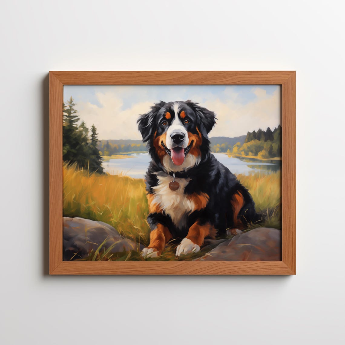 Bernese Mountain Dog Lakeside Meadow Painting Happy Rustic Pet Poster