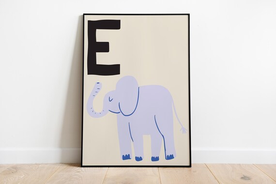 Letter E Elephant Safari Neutral Nursery Alphabet Animal Poster
