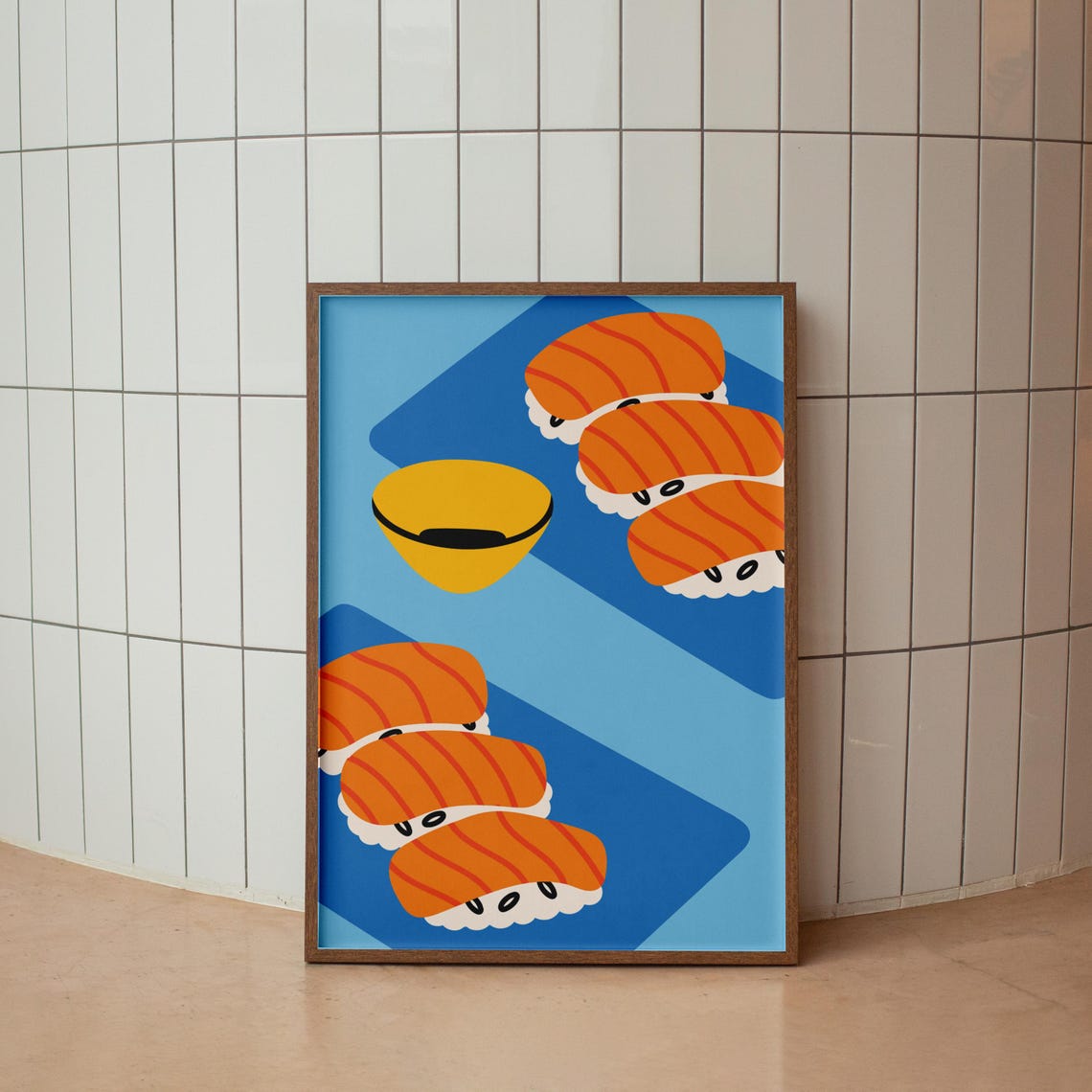 Salmon Nigiri Sushi Pop Art Food Blue Kitchen Wall Decor Poster