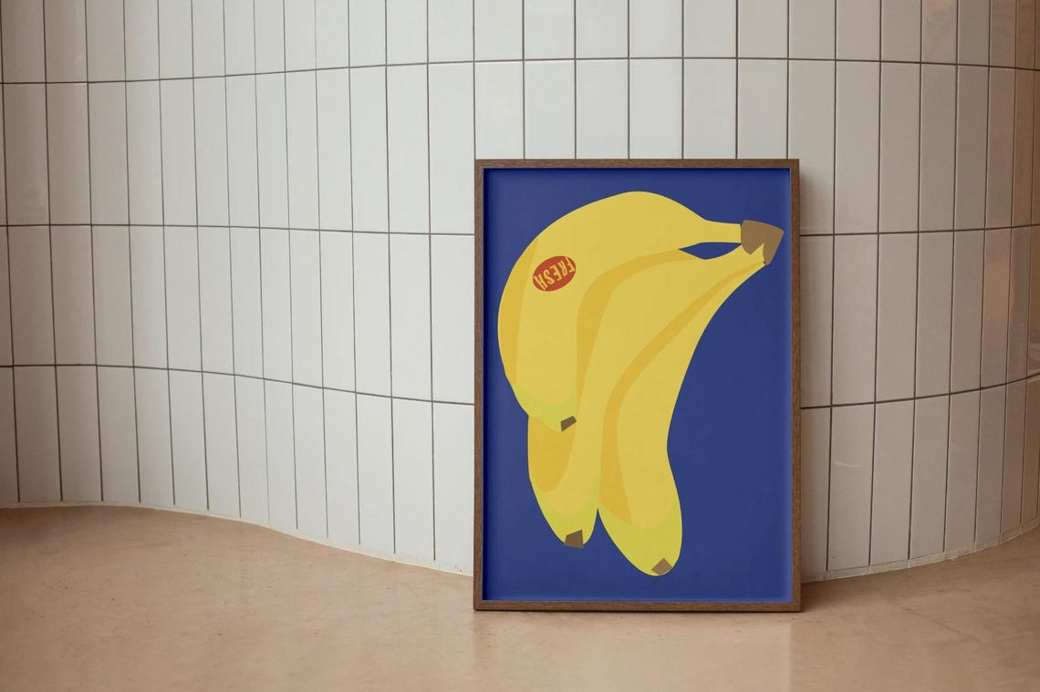 Fresh Banana Pop Art Yellow Fruit Blue Background Kitchen Decor Poster