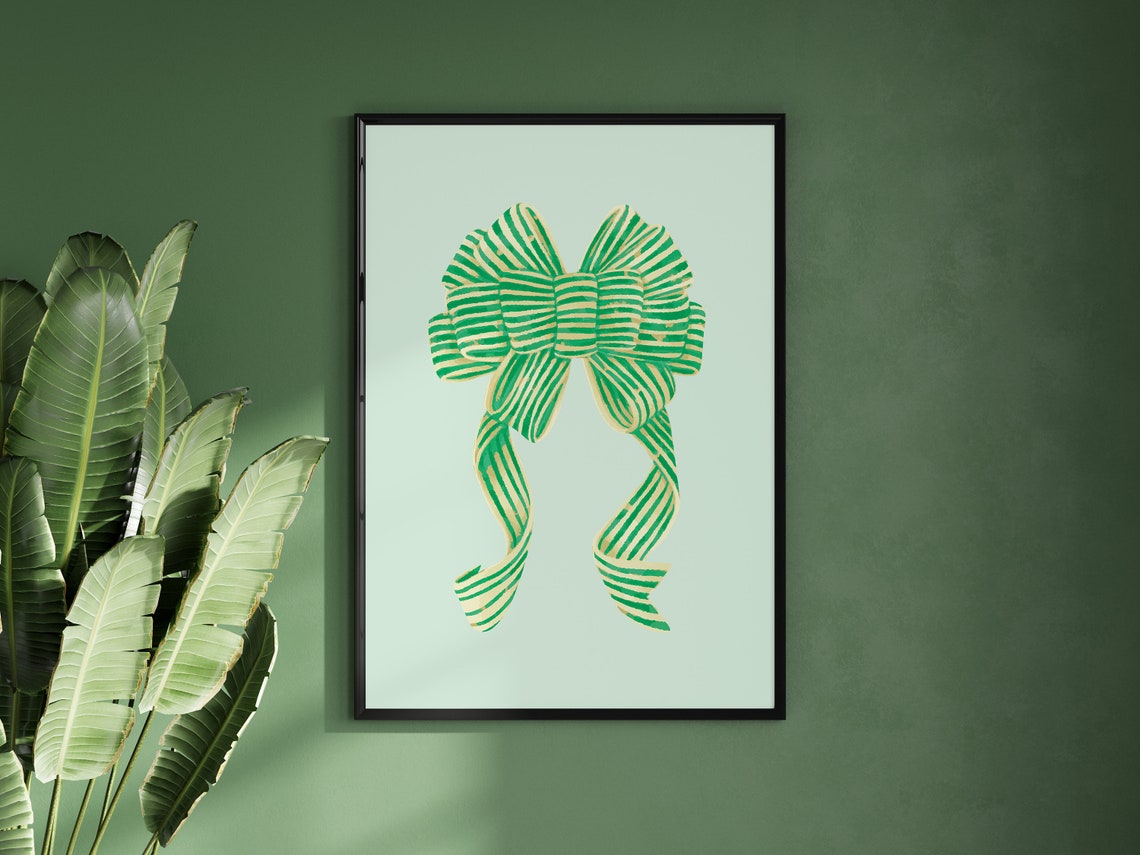 Green Striped Bow Retro Ribbon Coquette Preppy Holiday Style Poster