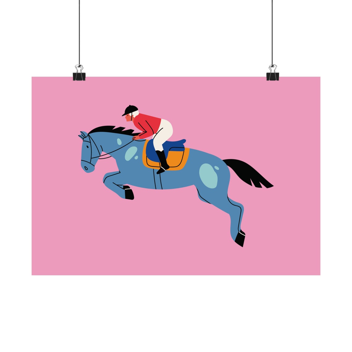 Equestrian Rider Jumping Blue Horse Pink Background Art Poster
