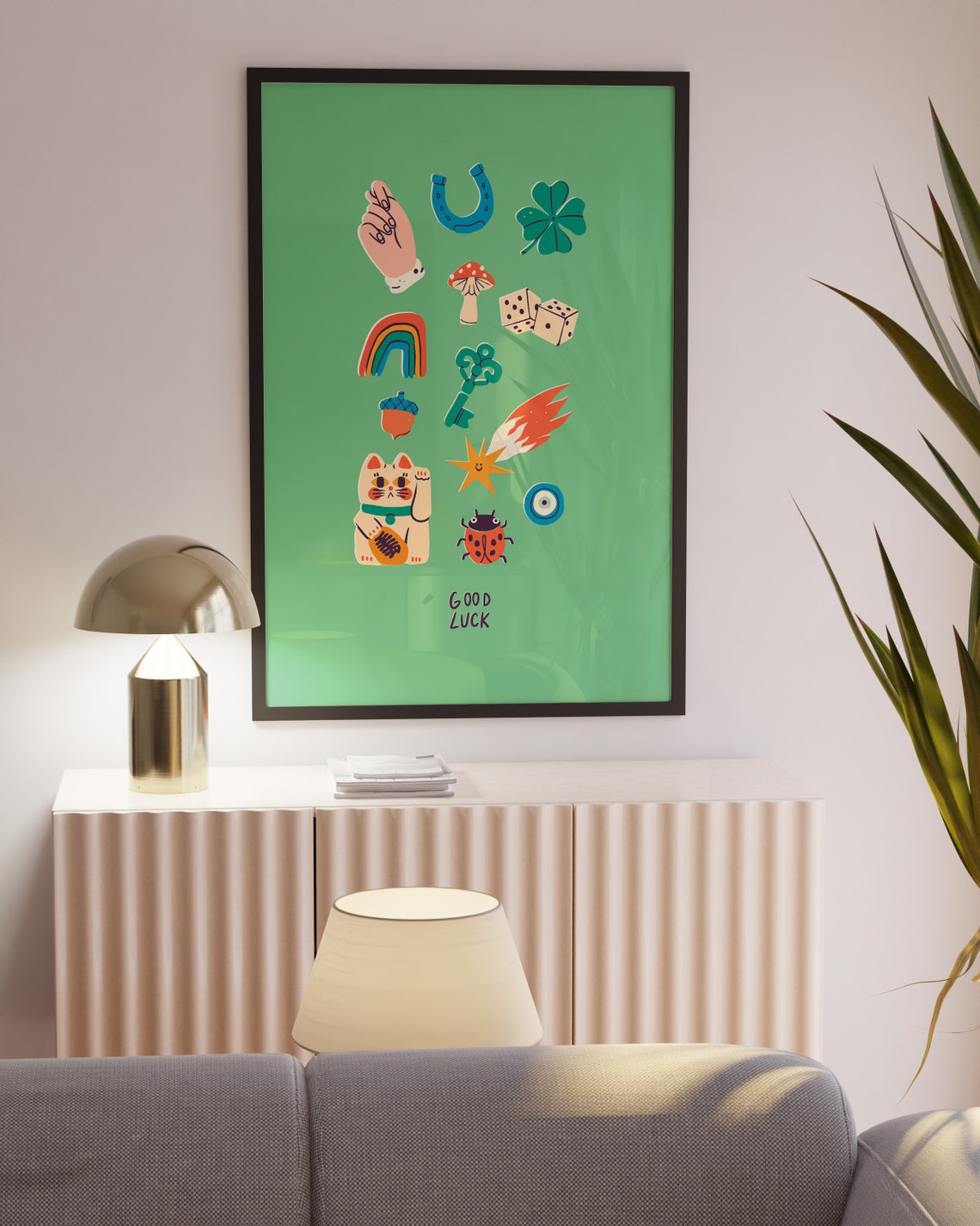 Good Luck Charms Horseshoe Clover Maneki Cat Cute Green Collage Poster