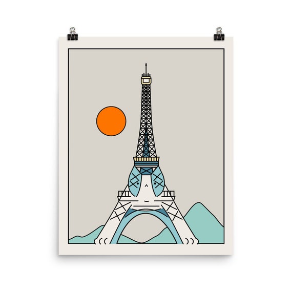 Eiffel Tower Paris Minimalist Illustration with Orange Sun Art Print