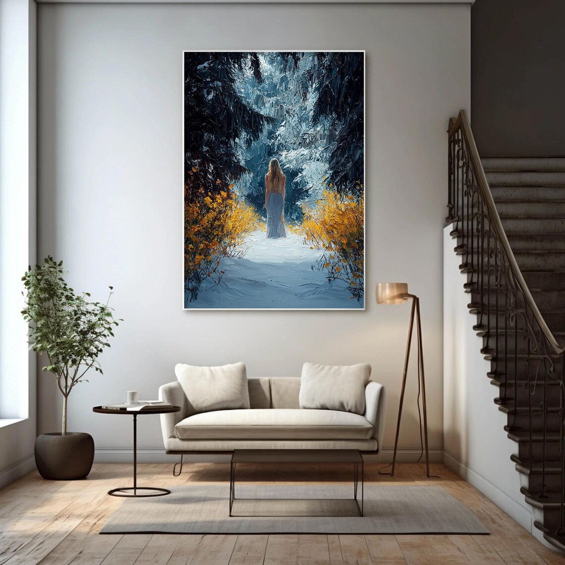 Woman In Snowy Forest Path Impasto Oil Painting Winter Landscape With Yellow Flowers Wall Art Figure In Woods Art Large Wall Art - Image 3