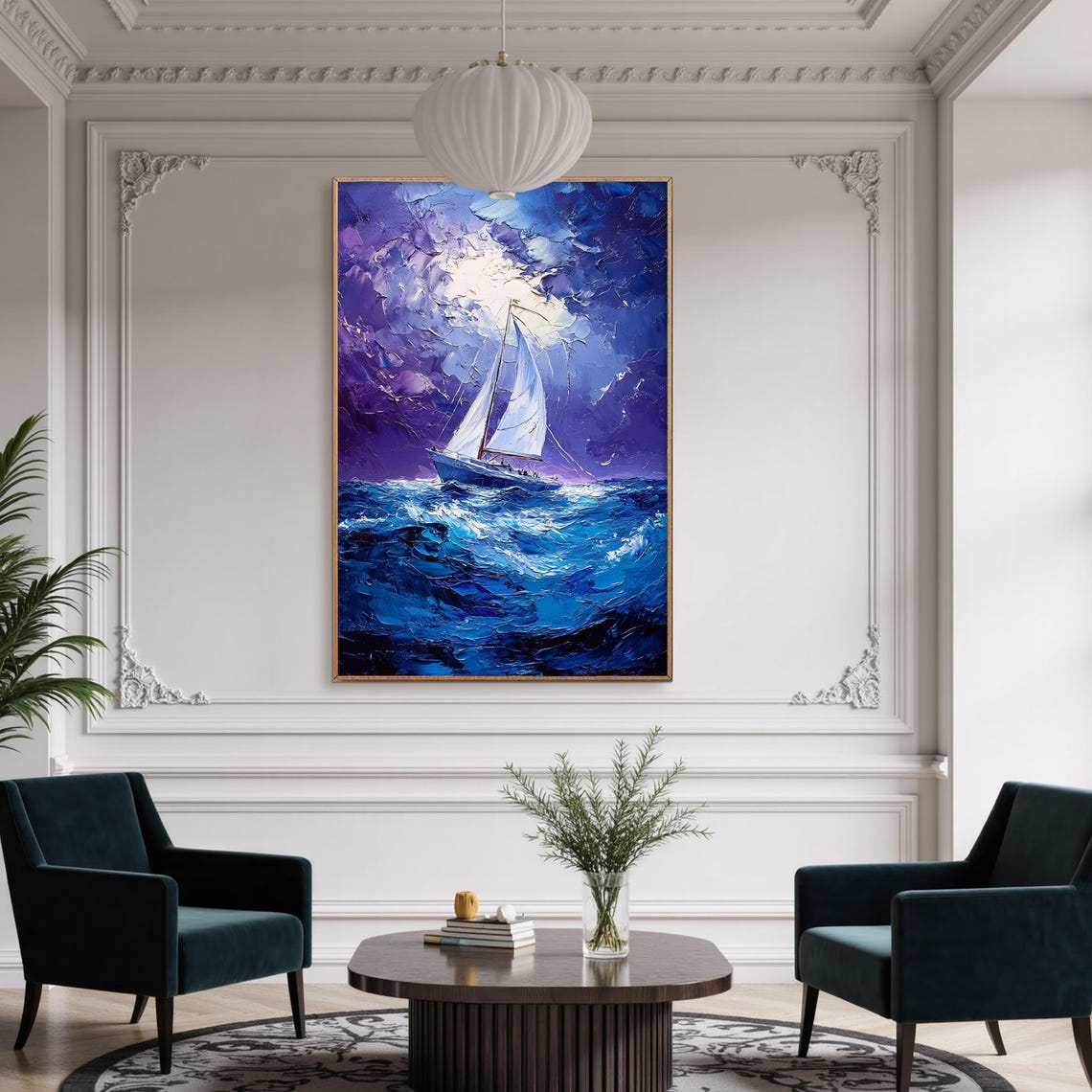 Sailboat Stormy Night Seas Purple Waves Impasto Dramatic Art Poster - Image 2