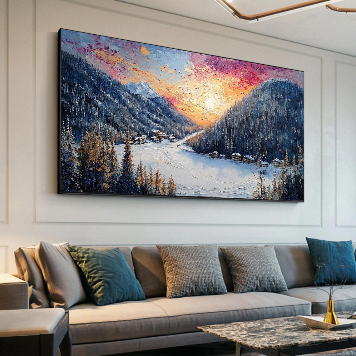 Winter Mountain Village Sunset Snow Cabins Pink Sky Art Poster - Image 4