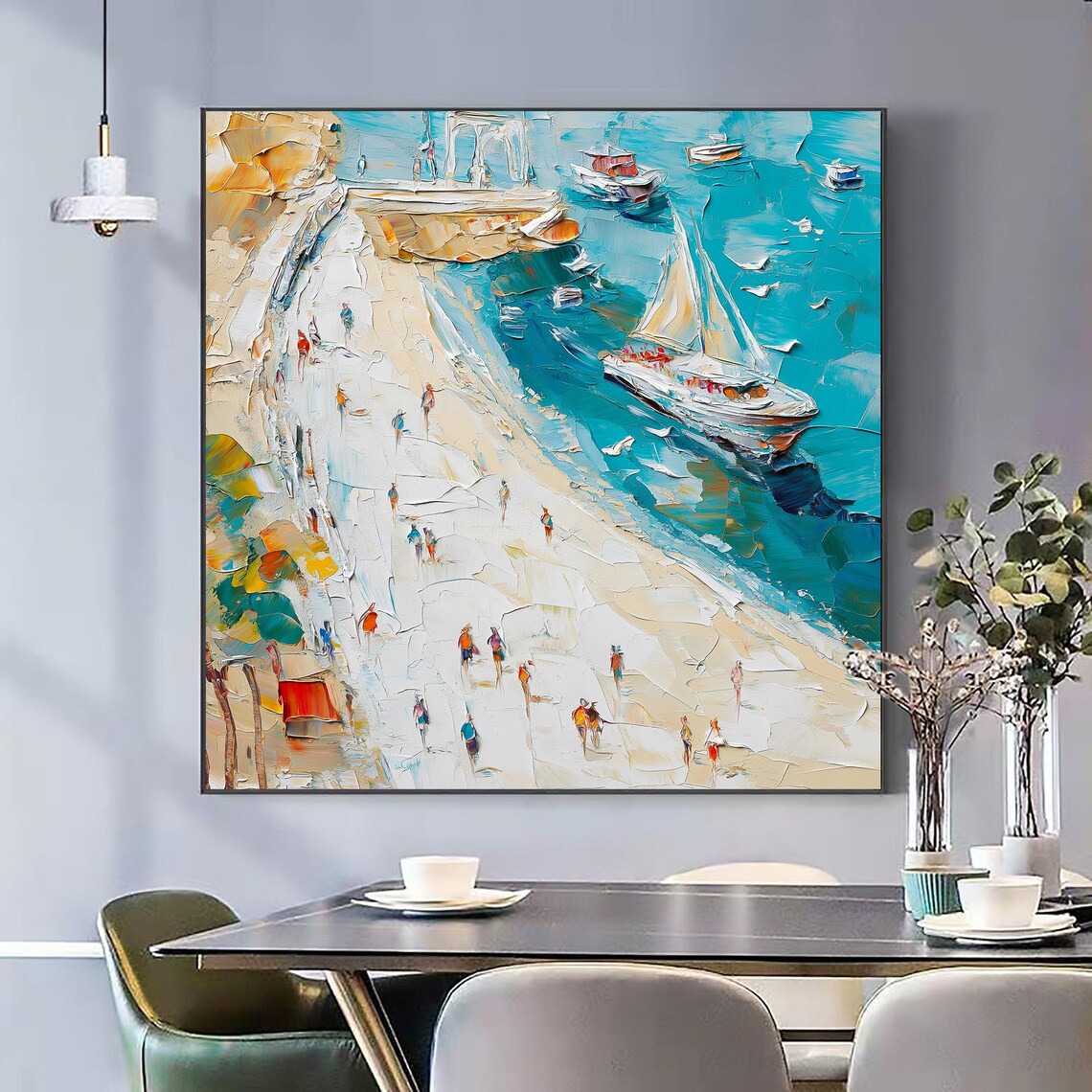 Mediterranean Coastal Town Sailboats Impasto Harbor Scene Art Poster - Image 2