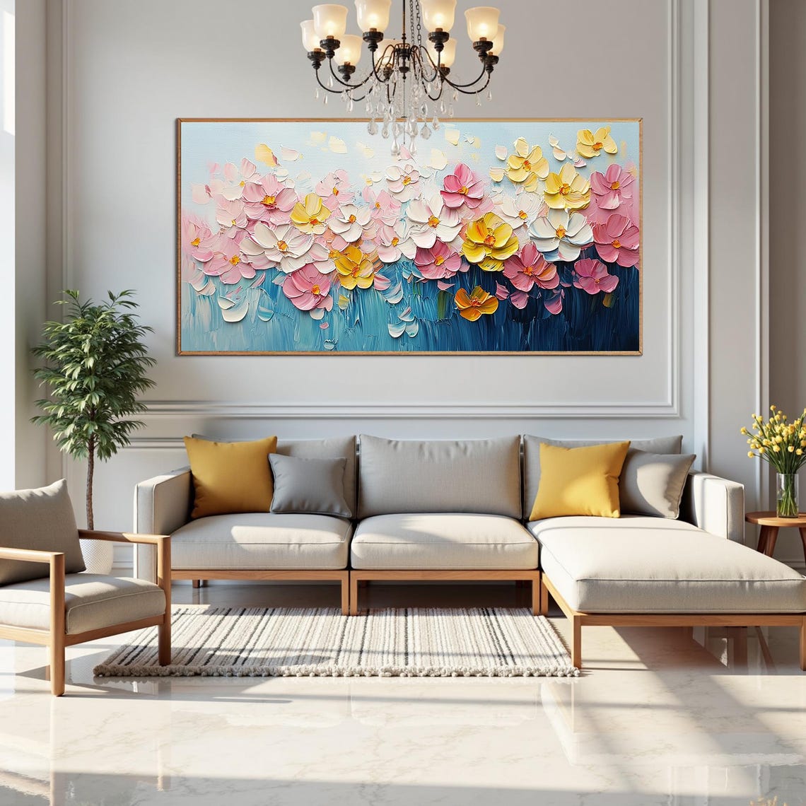 Pastel Pink Yellow Flowers Blue Background Impasto Floral Art Poster - Image 2