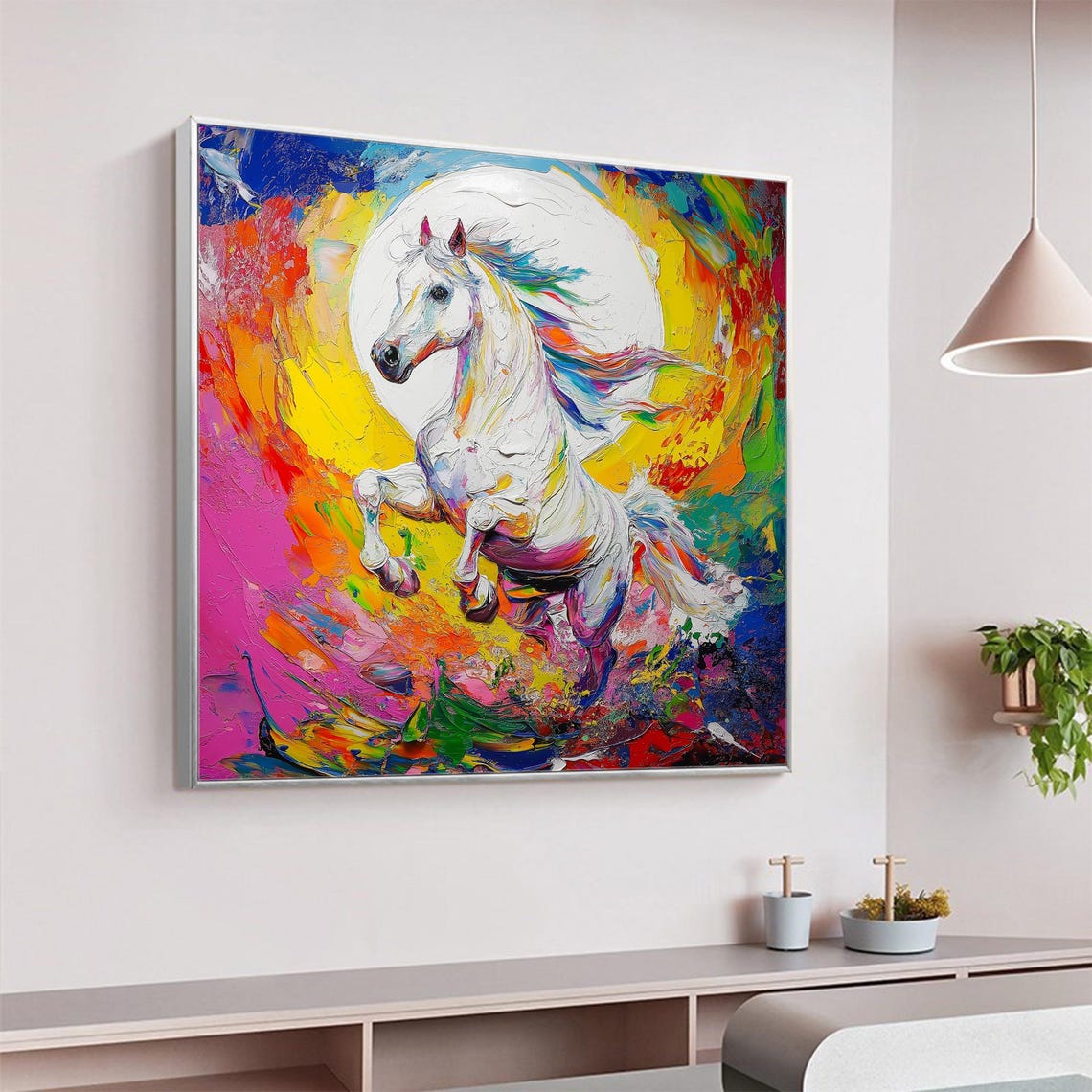 White Horse Rainbow Burst Moon Impasto Abstract Animal Art Poster - Image 2