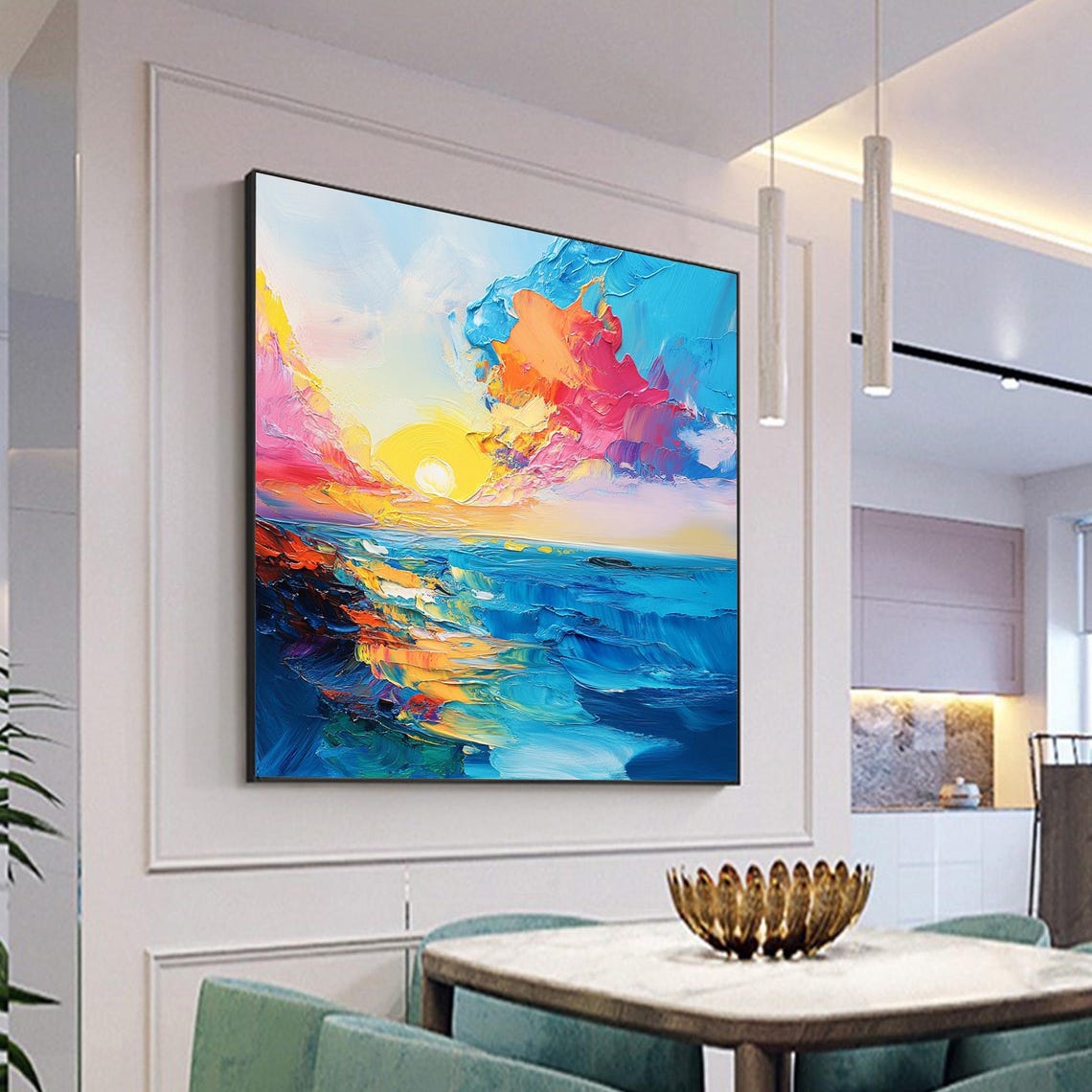 Ocean Sunrise Pink Clouds Blue Sea Impasto Colorful Seascape Poster - Image 2