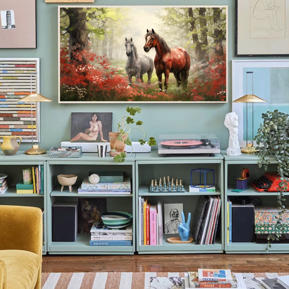 Chestnut And Grey Horses Forest Meadow Poppies Wildlife Wall Art - Image 2
