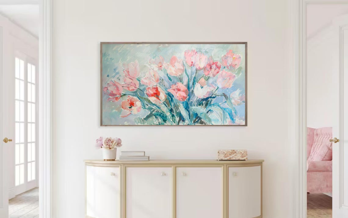 Pink Tulip Blossoms Soft Blue Spring Floral Oil Painting Wall Poster - Image 2