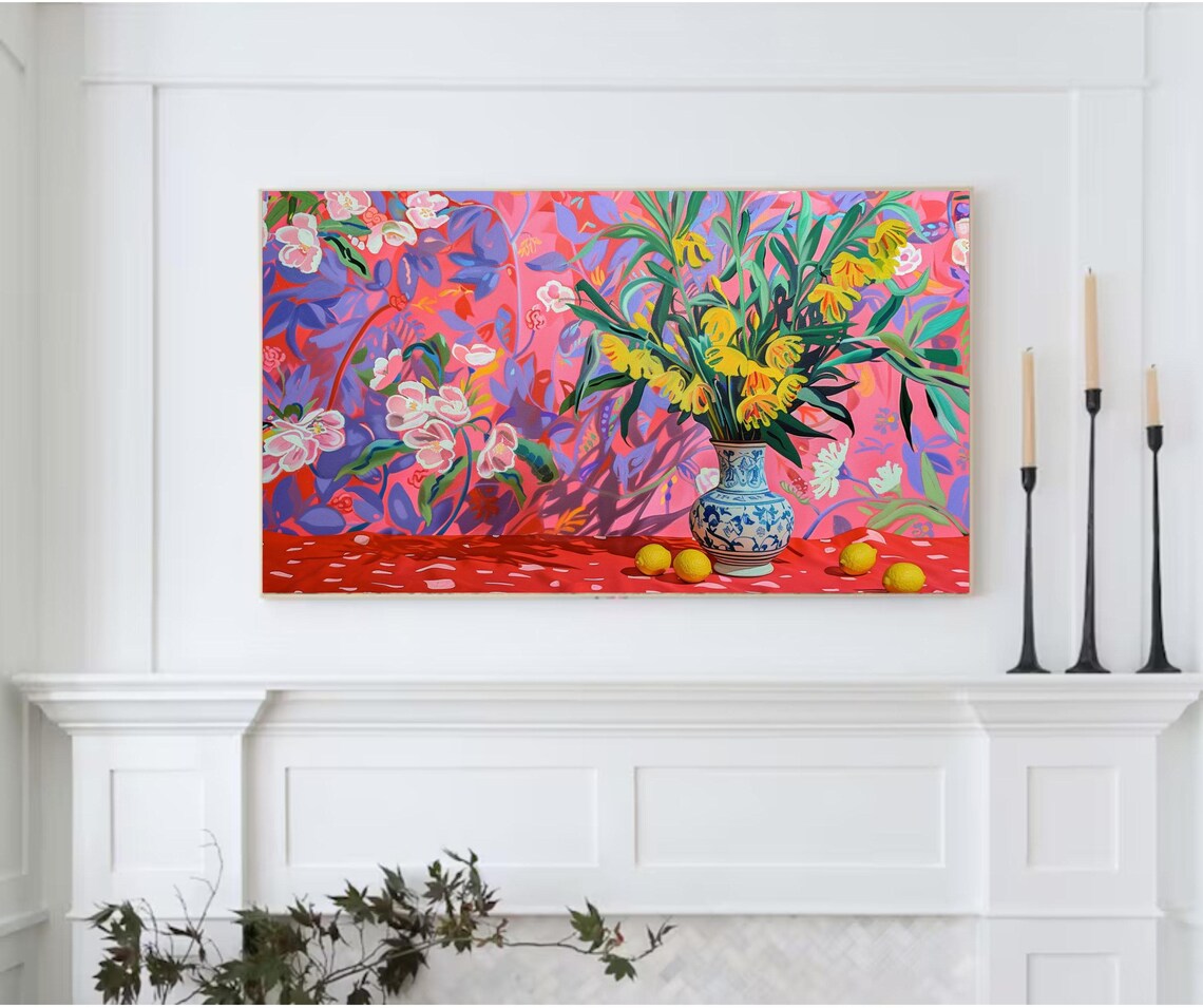 Vivid Pink Floral Scene with Vase of Yellow Flowers and Lemons Poster - Image 2