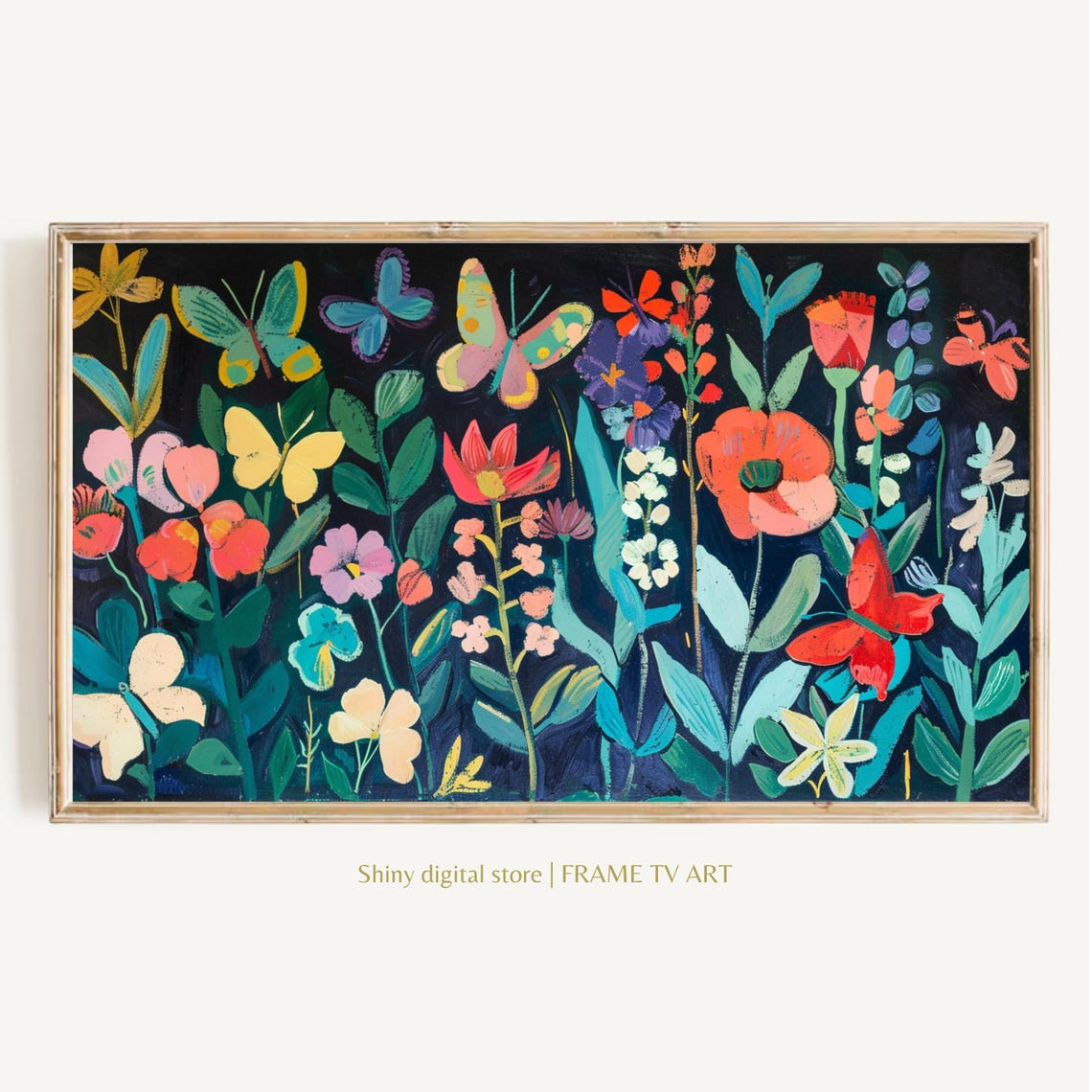 Colorful Butterfly Wildflower Meadow Folk Art Dark Botanical Poster