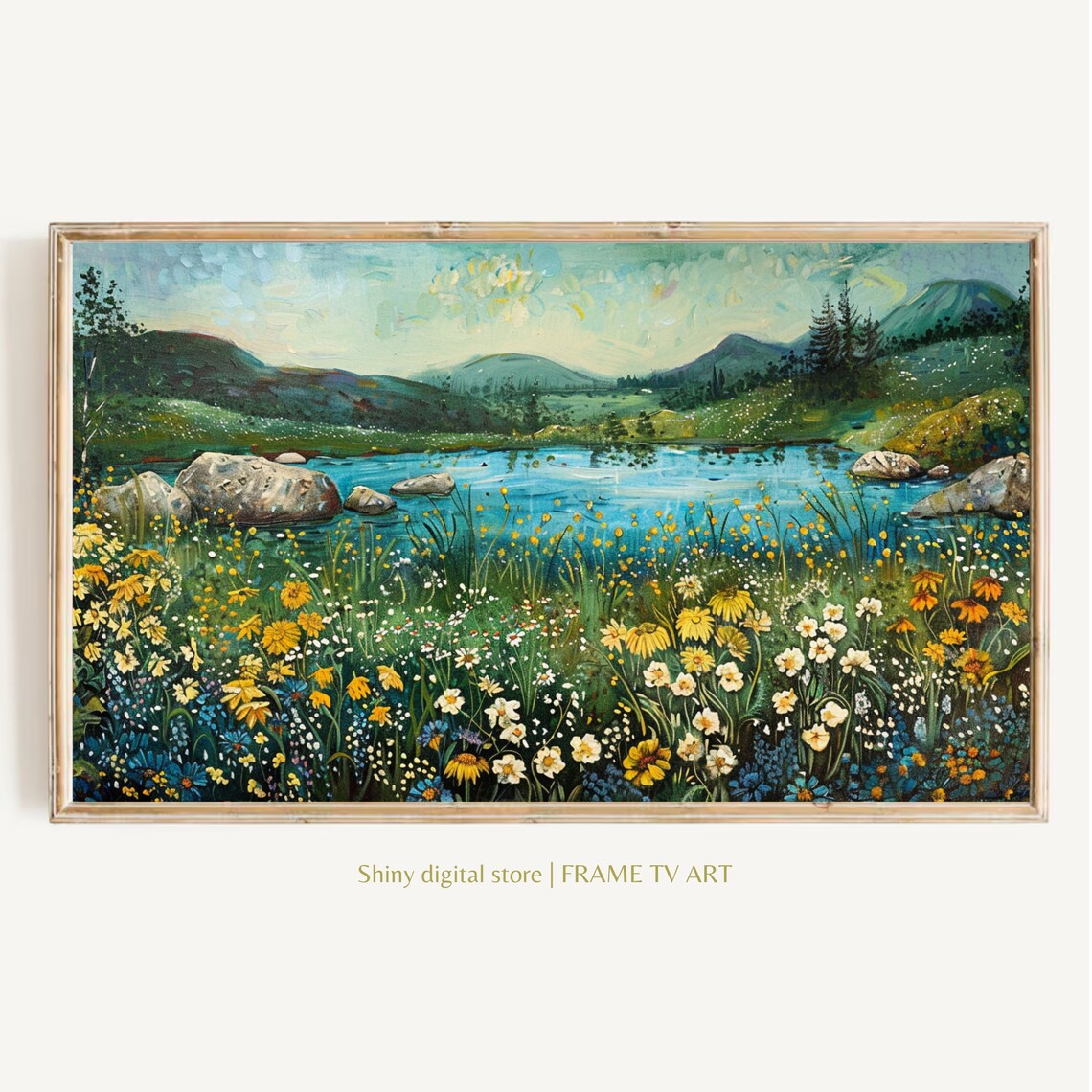 Summer Wildflower Meadow Blue Lake Mountain Landscape Oil Poster