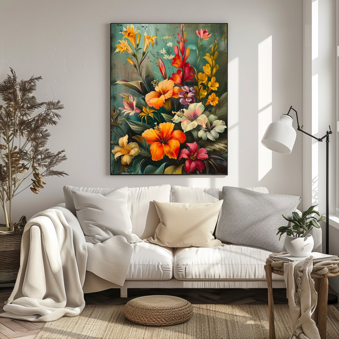 Tropical Hibiscus Lily Bouquet Retro Teal Vintage Flower Art Poster - Image 2