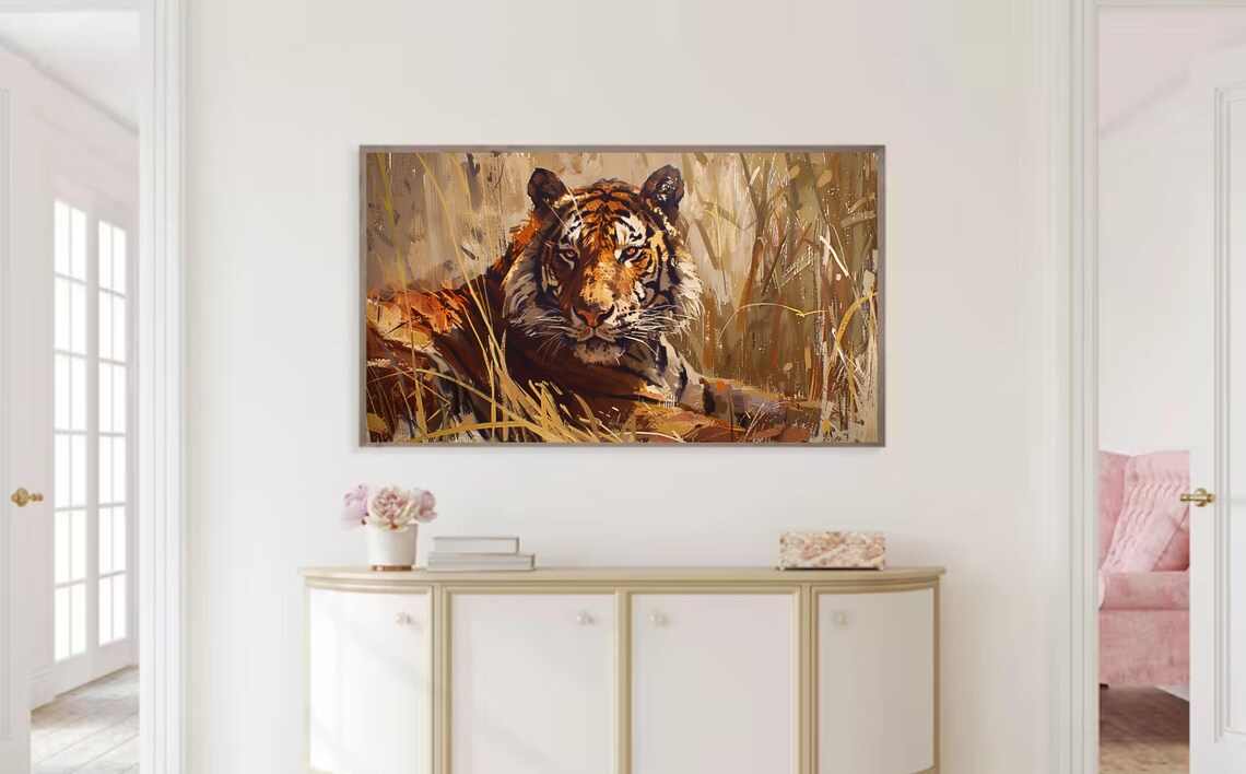 Majestic Tiger Resting In Golden Grass Safari Wildlife Painting Wall Art Print - Image 2